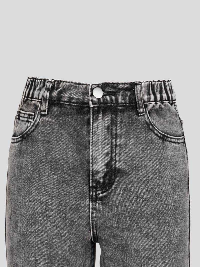 Pantaloni in denim lavato con elastico in vita, a gamba larga, con patta con cerniera, stile college casual, alla moda, semplici e versatili per ragazze_voghion.com