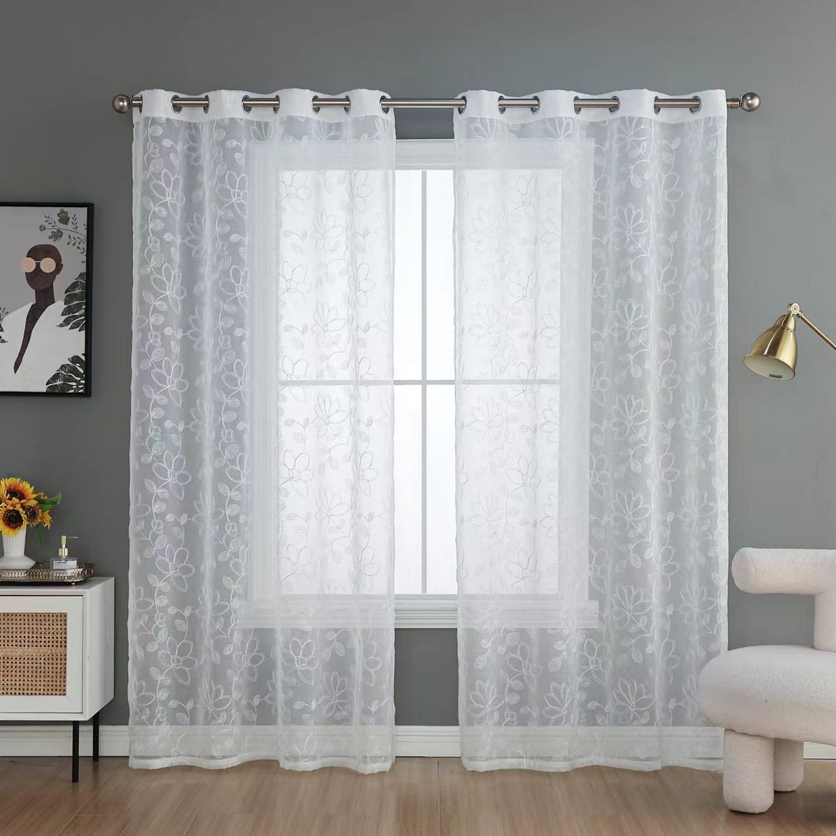 IvoryLace Floral Embroidered Sheer Curtains - Semi-Transparent White Drapes With Leaf & Flower Patterns_voghion.com