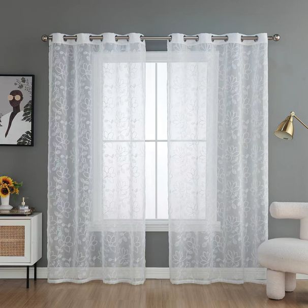 IvoryLace Floral Embroidered Sheer Curtains - Semi-Transparent White Drapes With Leaf & Flower Patterns_voghion.com