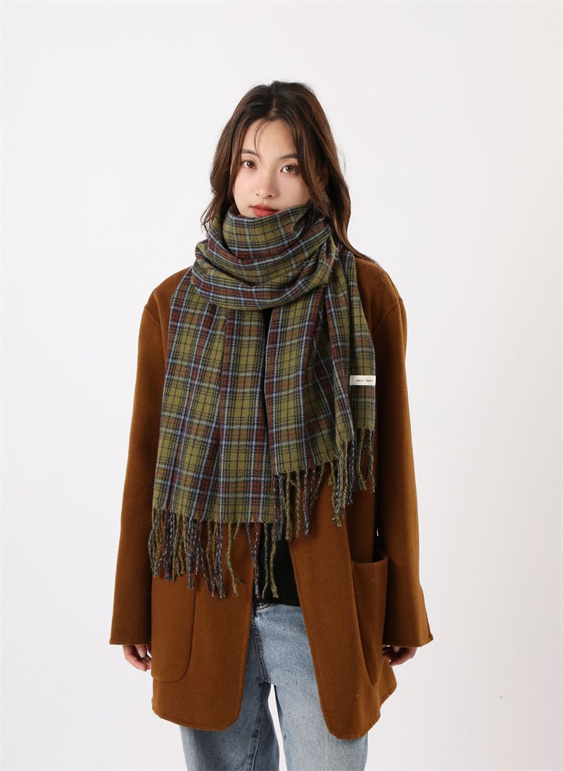 Winter Warm Cashmere Luxury 2024 New Fashion Versatile Women's Blue Checkered Scarf_voghion.com