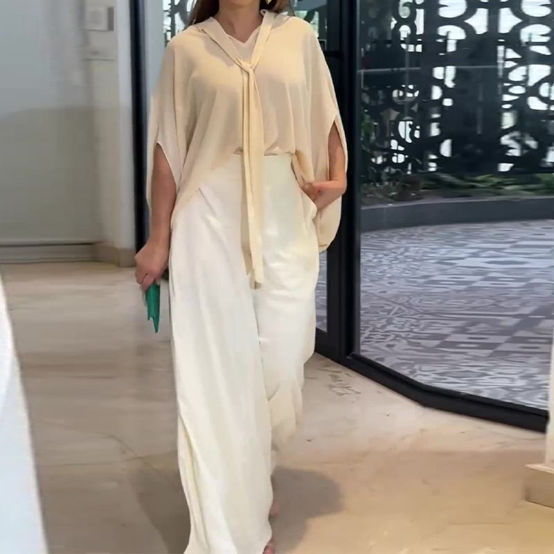 Tailleur-pantalon ample taille haute à jambes larges pour femme_voghion.com