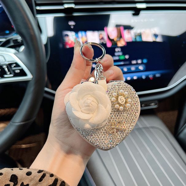 New Camellia Heart With Rhinestones Portable Folding Mirror Car Keychain Beaded Bag Pendant_voghion.com