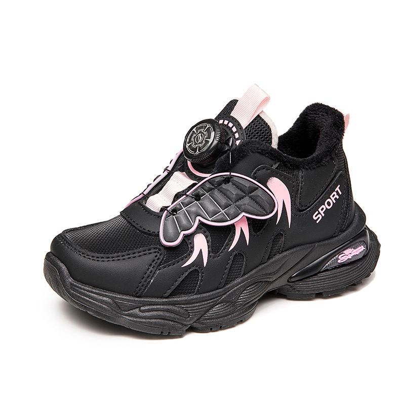 Kids Shoes Girls' sports shoes 2024 autumn and winter plus velvet children's white shoes for children's rotating buttons soft sole boys' running shoes_voghion.com