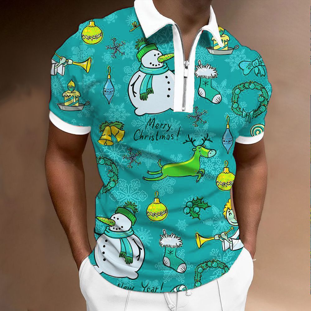 3D Digital Printing Lapel Polo Shirt Casual Men's Zipper Short Sleeve_voghion.com