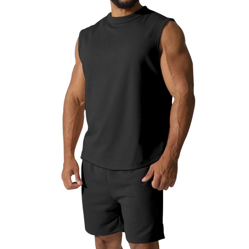Herrenbekleidung Ärmelloser Sportanzug Herren lässig dünner Mantel einfarbig Weste zweiteiliges Set_voghion.com