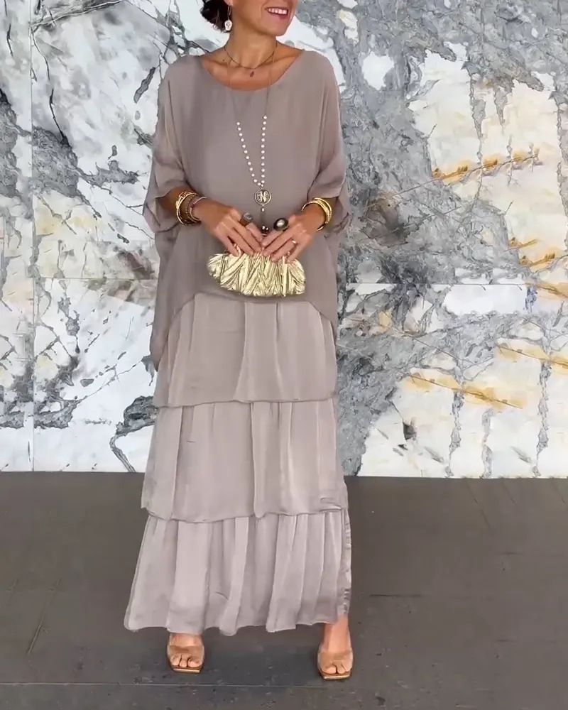  Gonna lunga da donna alla moda, stile girocollo, maniche a pipistrello_voghion.com