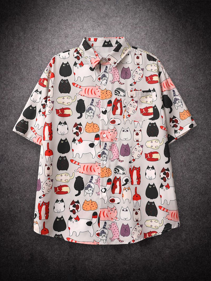 Übergroßes, lockeres Kurzarmhemd für Herren mit Cartoon-Katze-Print, Retro-Hiphop-Freizeithemden für den Sommer, Strand, Hawaii-Kleidung_voghion.com