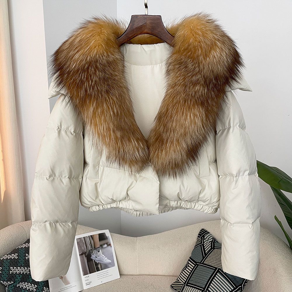 Damenbekleidung Winter neue kurze modische warme Daunenjacke für Damen in kleiner Größe, stilvoller übergroßer Mantel mit echtem Fuchspelzkragen_voghion.com
