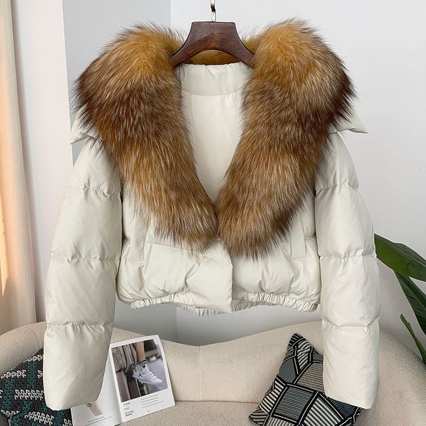 Damenbekleidung Winter neue kurze modische warme Daunenjacke für Damen in kleiner Größe, stilvoller übergroßer Mantel mit echtem Fuchspelzkragen_voghion.com