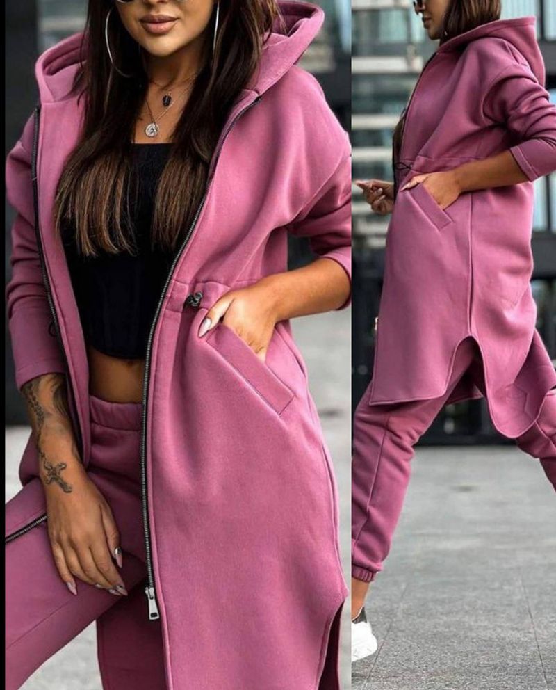 Cappotto casual con cappuccio + pantaloni da donna, set da 2 pezzi_voghion.com