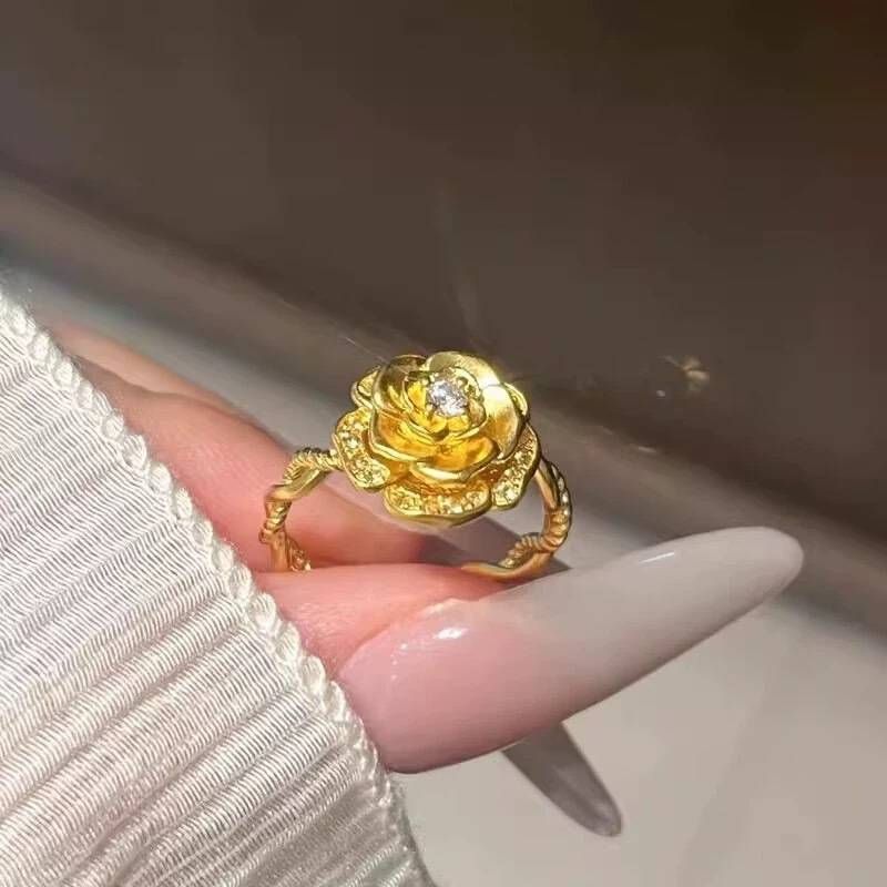 Gold Audrey Rose Ring Women Vietnam Sha Gold Fashion Diamond Rose Flower Opening Finger Ring Bracelet_voghion.com