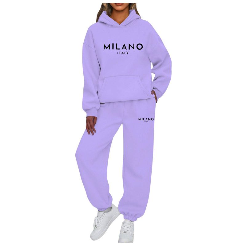2 Piece Set Women Outfit MILANO Letter Print High Neck Hoodies Sweatshirt Pants Tracksuit 2024 Plus Size Streetwear Casual Suit_voghion.com