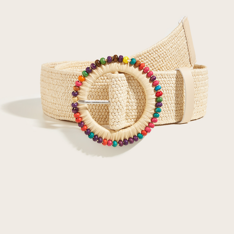 Women Braided Belts Bohemian Style Hand Woven Colorful Wooden Beads Round Buckle Pp Straw Elastic Belt_voghion.com