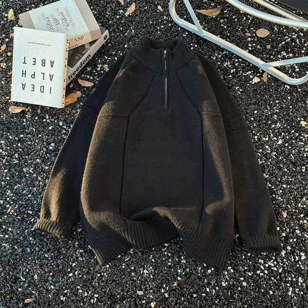 Herrenpullover mit halbem Reißverschluss und hohem Kragen – warmer und stylischer Strickpullover für Teenager und Erwachsene, lockere Retro-Passform, Optionen in Schwarz und Grau_voghion.com