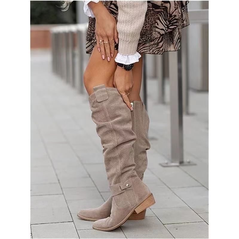 Cross-Border Foreign Trade 2025 New In-Stock Casual Low Heel 40-43 Side Zipper Burnt Flower High Tube Long Boots For_voghion.com