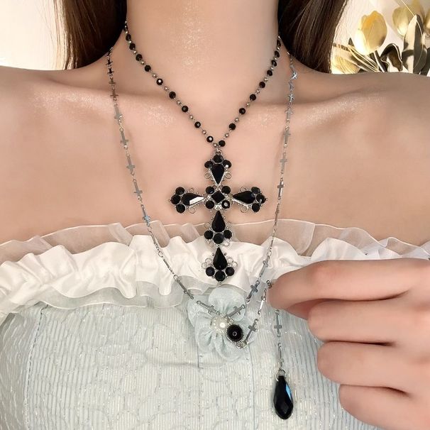 Gothpunk Style Dark Sweet Cool Babes Double Cross Necklace Niche Design Subculture Multi-layer Collarbone Chain_voghion.com