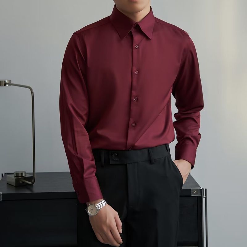 Men's Clothing Autumn Black Shirt Men's Long Sleeve Slim Business Suit Men's Wine Red Wedding Shirt Elastic Free Ironing_voghion.com
