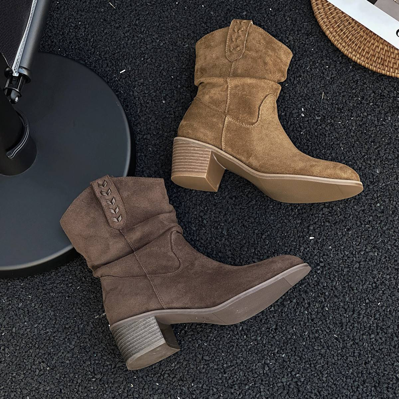 Cameido Women's Retro Pointed Toe Chunky Heel Western Boots With Suede Folded Pile In Mocha Brown For Autumn And Winter_voghion.com