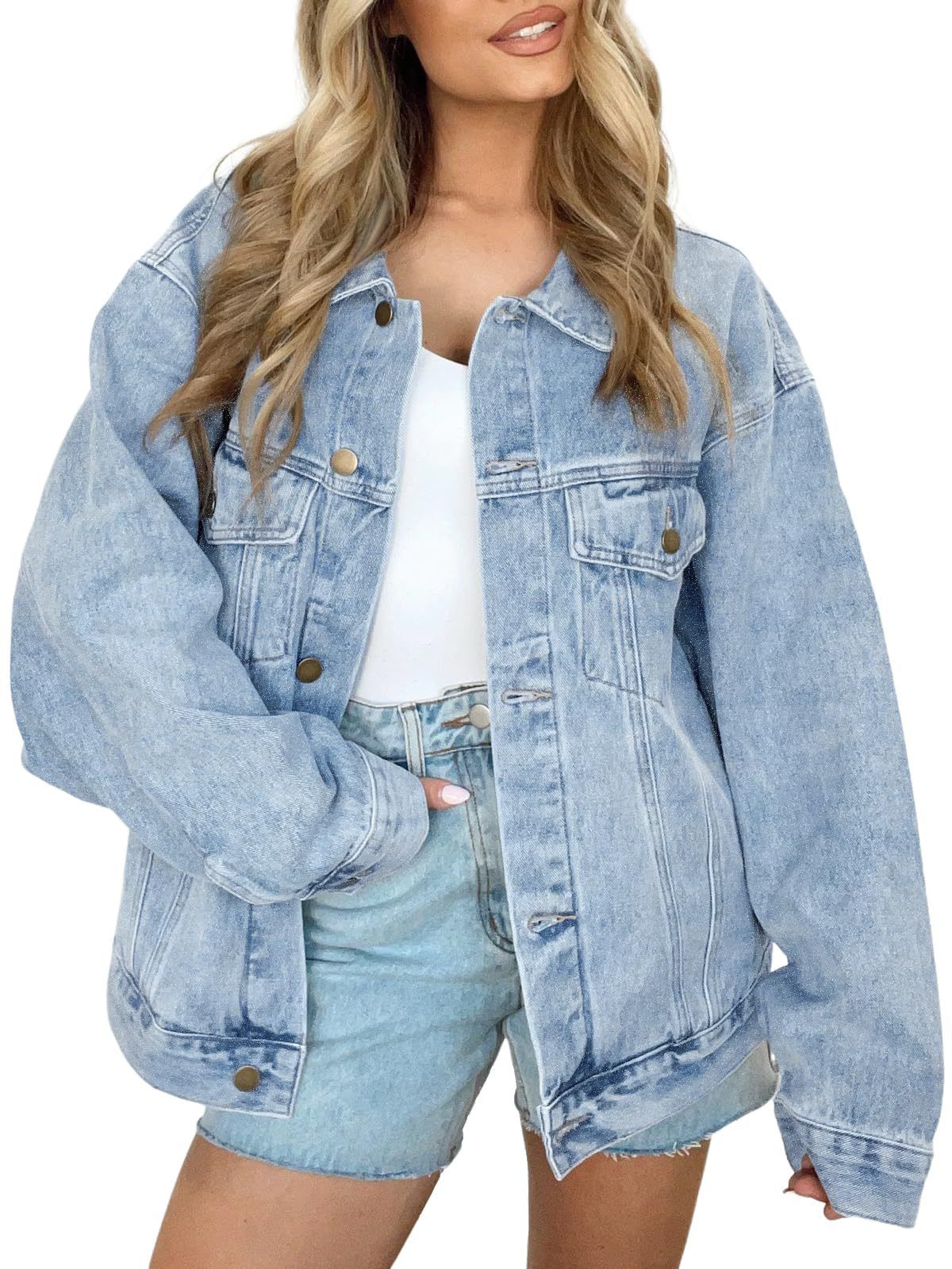 Women's Oversized Button Denim Jacket, Long Sleeve Casual Coat With Polo Collar, Lightweight Cotton Blend (50%-70%) For Spring & Fall_voghion.com