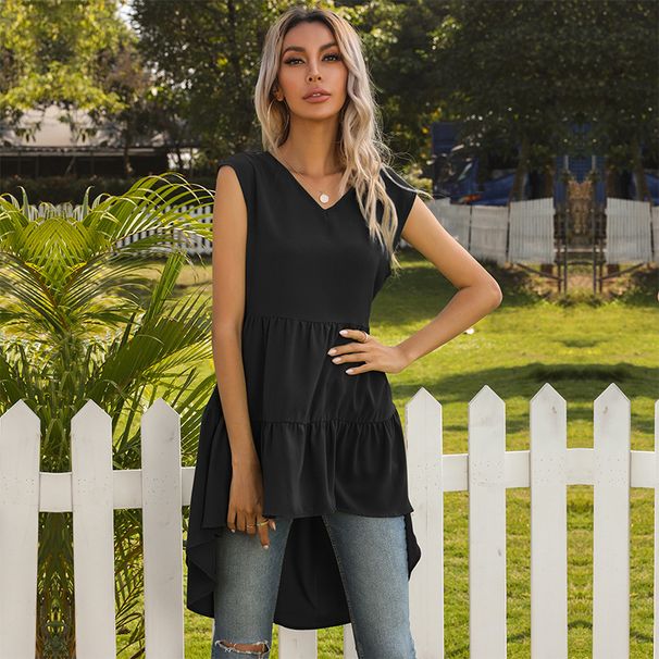 Summer Solid Tank Top Skirt Ruffle Edge Irregular Fit Dress_voghion.com