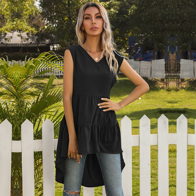 Sommer Solid Tank Top Rock Rüschenrand Kleid mit unregelmäßiger Passform_voghion.com