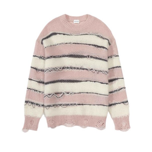 Women's Clothing soft striped mid length sweater coat lazy style loose hole pullover knit sweater top_voghion.com