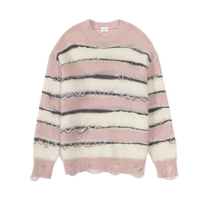 Damenbekleidung, weicher, gestreifter Pullover in mittlerer Länge, Mantel im Lazy-Style, lockerer Pullover mit Löchern, Strickpullover-Oberteil_voghion.com