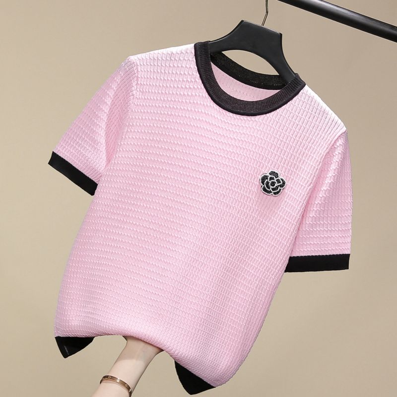 Damenbekleidung für den Sommer, neues T-Shirt mit Kamelie, Nagelperlenverzierung, dünnes Strickoberteil aus Eisseide, kurzärmelig_voghion.com