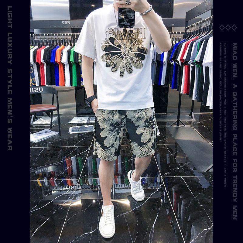 European goods embroidered high end casual short sleeved T shirt suit men's trendy brand 2023 summer new men's shorts two piece suit_voghion.com