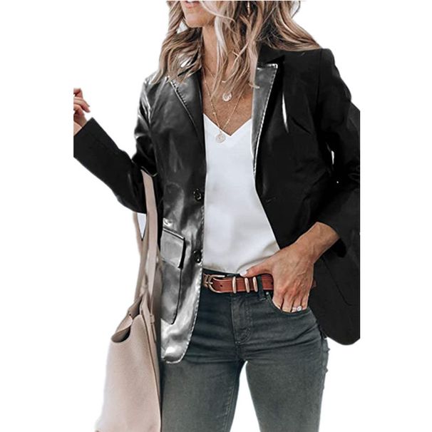 Elegante blazer in similpelle da donna - Giacca monopetto a maniche lunghe con revers a lancia, vestibilità slim, in colori classici_voghion.com
