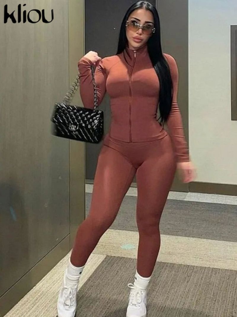 Kliou Solid Casual Toamna Set Două Piese Femei Hipster Concis Zip-up Sexy Deep V-up Top + Talie Înaltă Pantaloni Subțiri Fete Costum Stradă_voghion.com