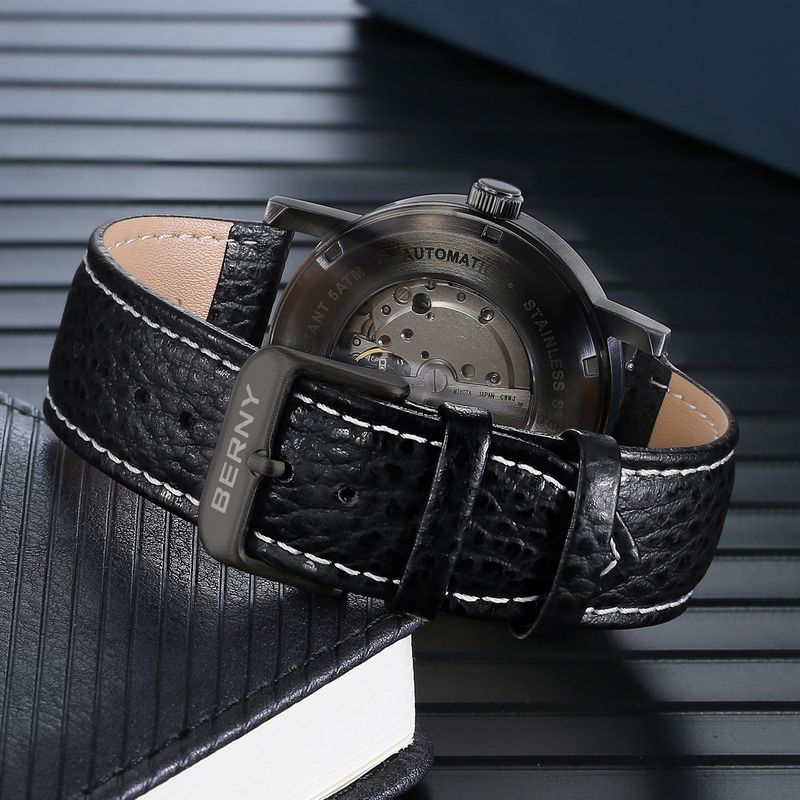 BERNY Automatic Watches For Men Minimalist 5ATM Waterproof Analog Mechanical Leather Watch With Date Luminous Stainless Steel Sapphire Wrist Watch_voghion.com