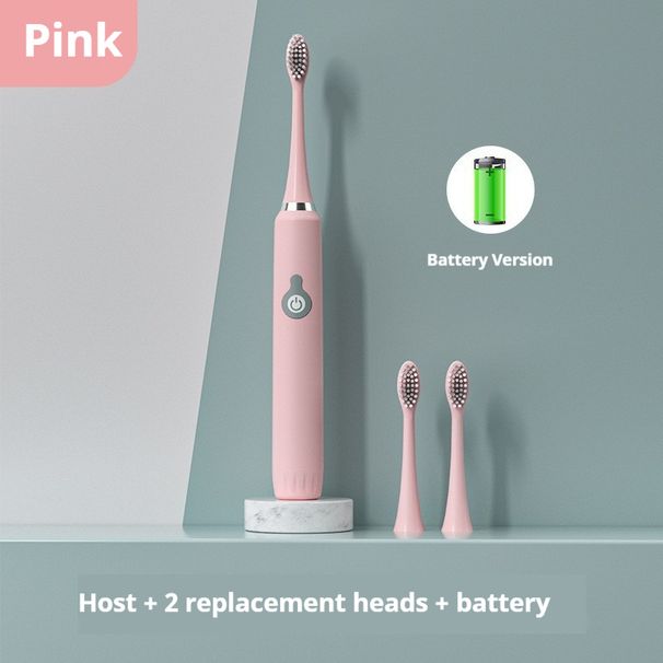 Brosse à dents électrique sonique – Poils souples, fonctionnement silencieux à une vitesse, alimentée par batterie avec 2 têtes de rechange (blanc/rose)_voghion.com