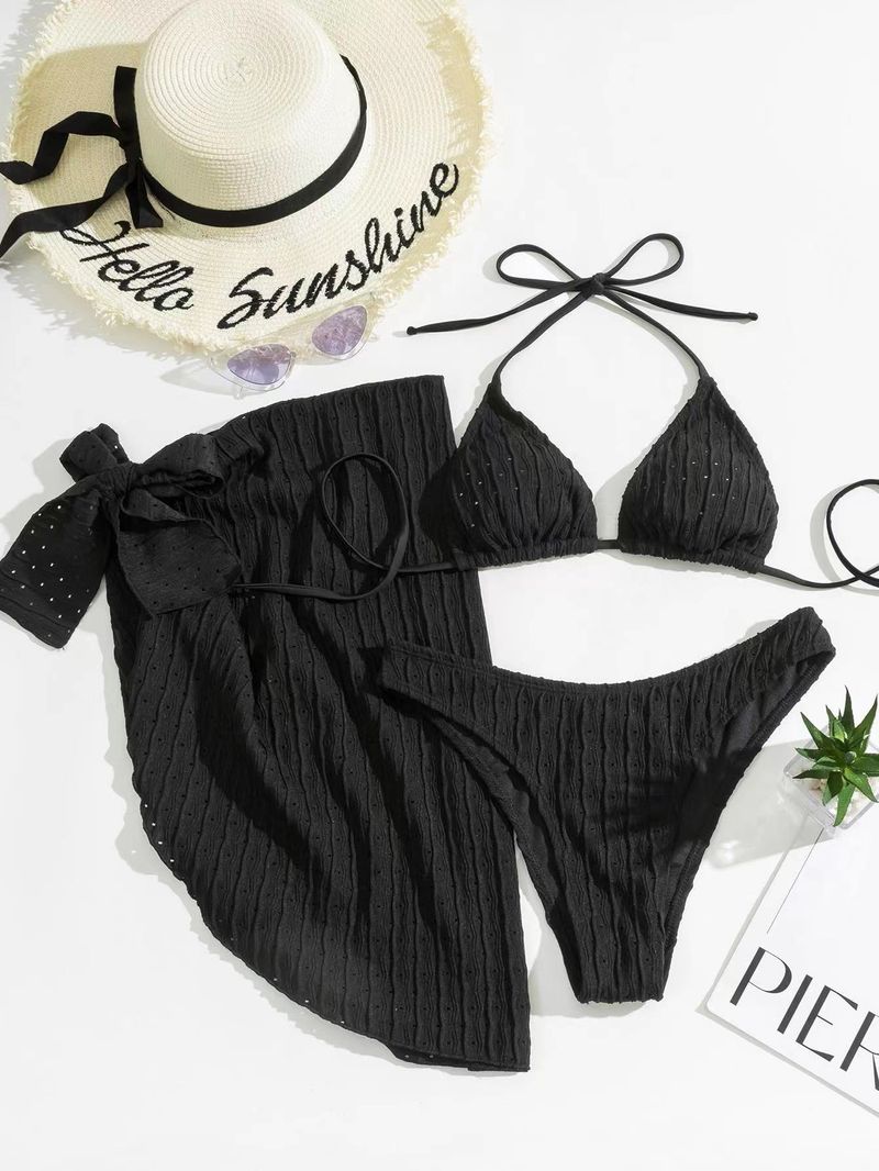 Maillot de bain trois pièces Bikini dos nu à bretelles avec cordon de serrage Maillot de bain trois pièces Bikini_voghion.com