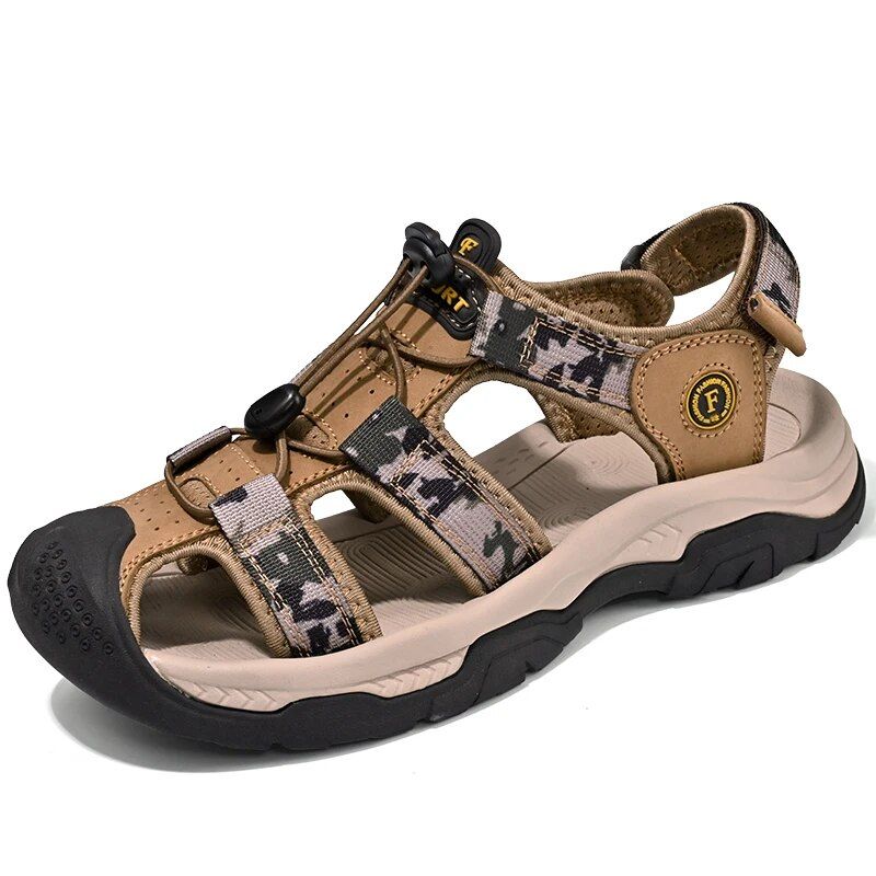 Summer Breathable Genuine Leather Beach Casual Thick Sole Closed Toe Aqua Shoes for Hiking Fishing Sandals Men_voghion.com