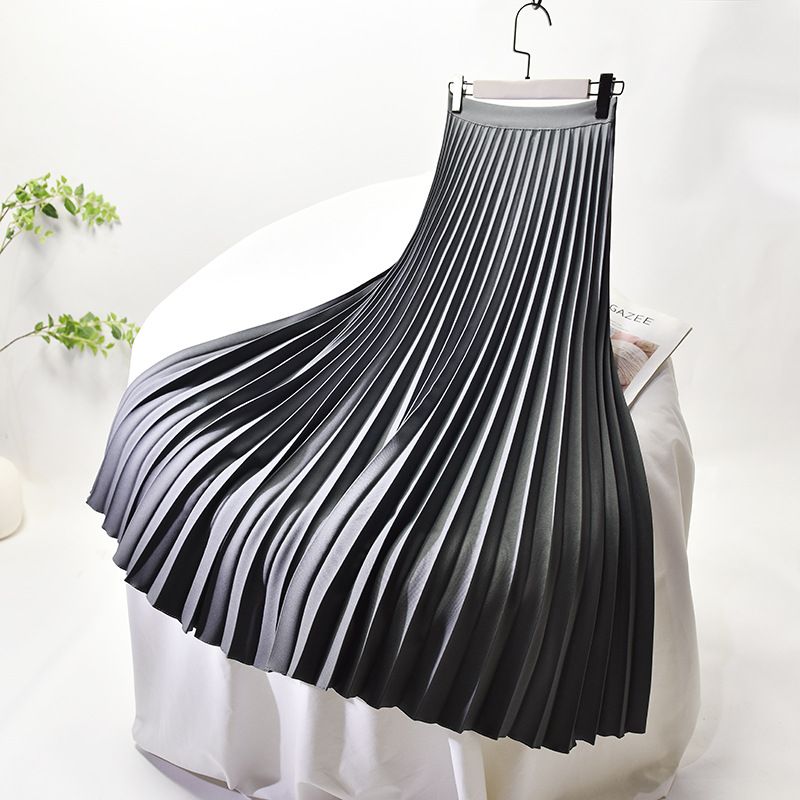 Women's Clothing Chic temperament slim plus size pleated skirt autumn and winter new high waist A line skirt women's medium and long_voghion.com