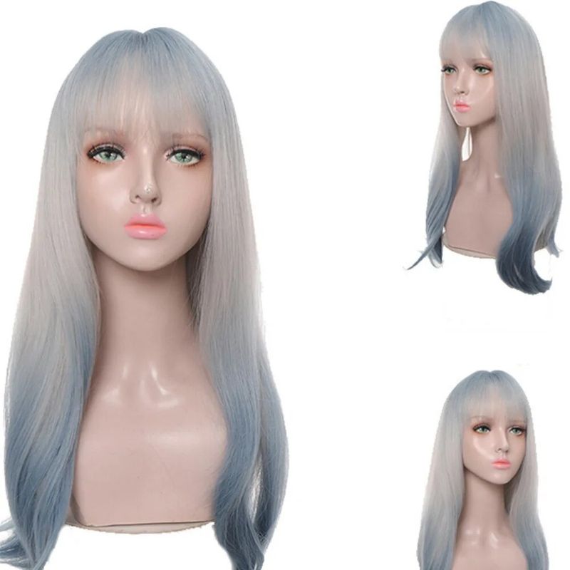Synthetic wig women's long with micro curls  gradient rose red neat bangs popular internet celebrity_voghion.com