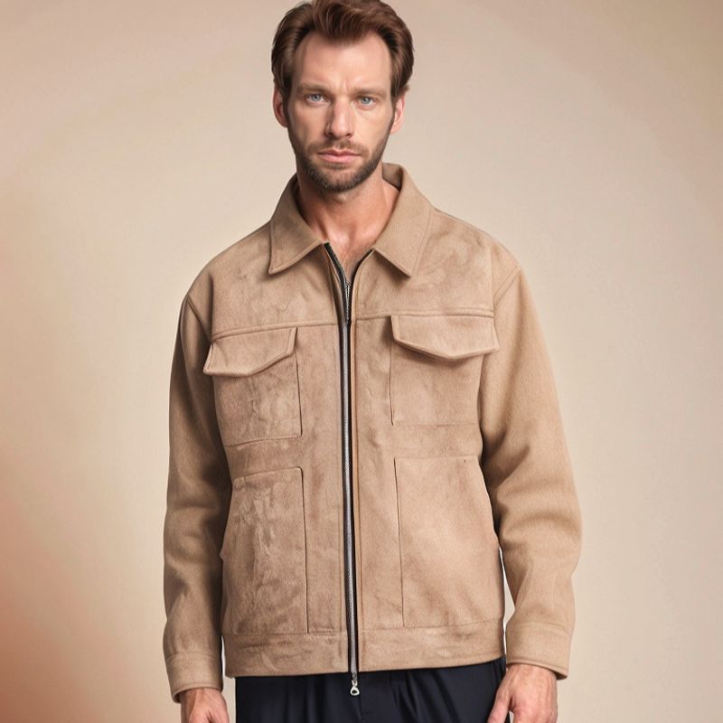 Men's Trendy Suede Zipper Large Pocket Casual Lapel Spring And Autumn Men's Jacket_voghion.com