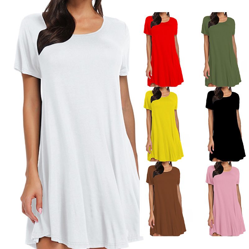 2023 New Summer Women's T-shirt Solid Color Short Sleeve Dress_voghion.com