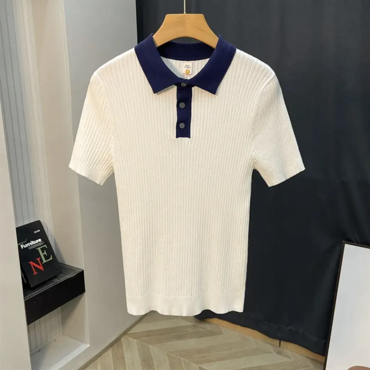 Men's Clothing Light luxury color matching slim breathable knit sweater men's polo shirt short sleeve summer casual all match half sleeved T shirt_voghion.com