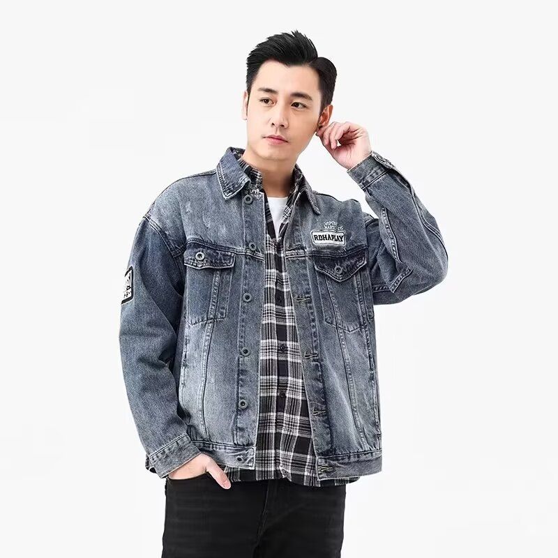 Fréijoers nei High-Strooss locker Jeansjacket Trend villfälteg gedréckte Jeansjacket fir Männer_voghion.com