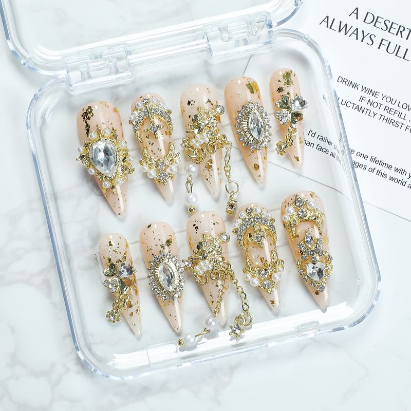 Long Pointed Pure Hand Made Wear On Metal Heavy Duty Golden Pearl Nail Art Nails_voghion.com