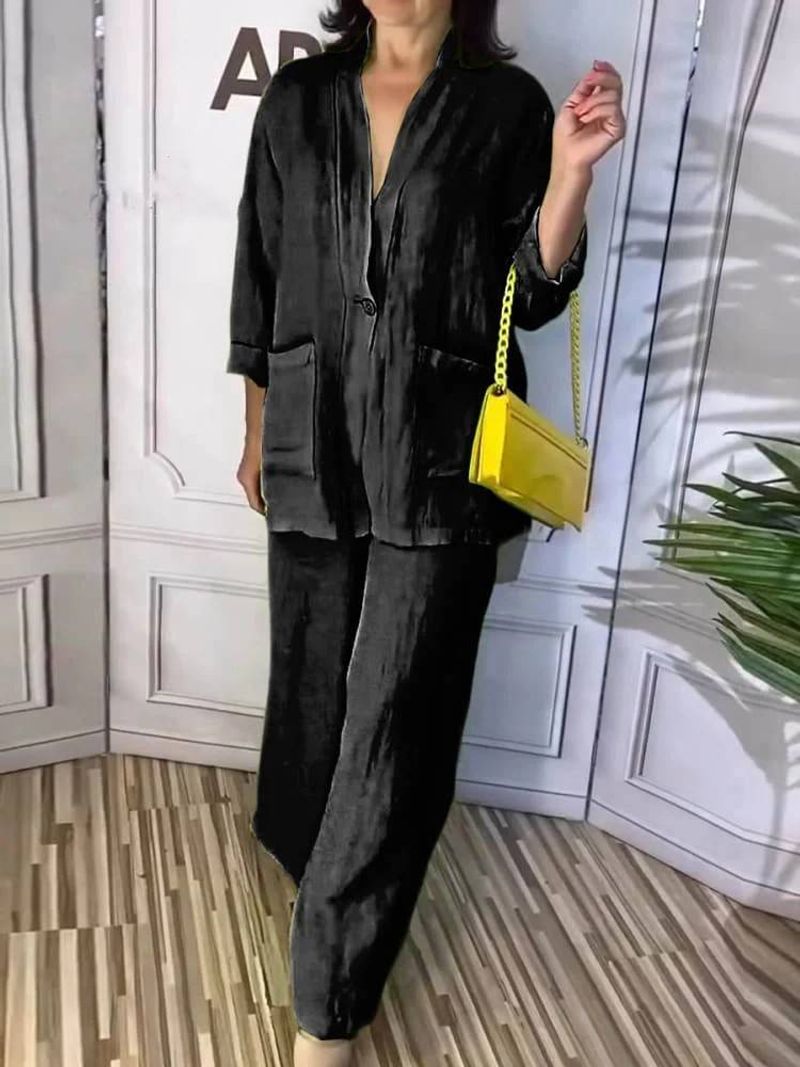 [Cotton Linen] Women's Clothing New Chiffon Suit Casual Round Neck Printed Two Piece Suit_voghion.com