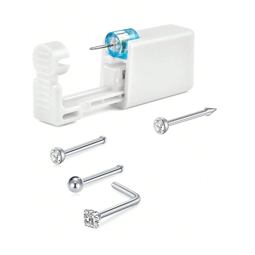 4Pcs Nose Piercing Kit With Nose Stud, 1 Nose Piercing Gun, Disposable Nose Piercing Kit With Straight L-Shape Nose Rings Stud_voghion.com