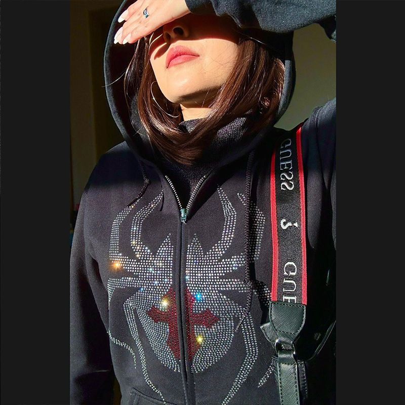 Abbigliamento maschile Autunno e inverno nuova personalità strada ragno caldo diamante moda cardigan largo con cappuccio manica lunga maglione con cerniera_voghion.com