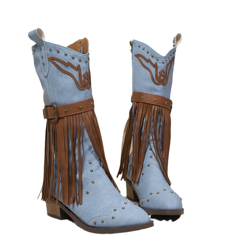2024 Autumn/Winter New Style Tassel Rivet Belt Buckle Midsole Boots Large Thick Heel Color blocked Women's Boots_voghion.com
