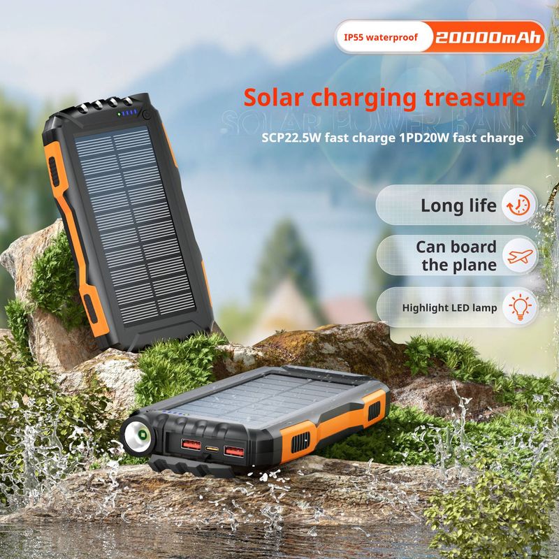 Batterie externe solaire 20 000 mAh, étanche IP55 et charge rapide PD 20 W – Lampe de camping portable, double entrée/sortie_voghion.com