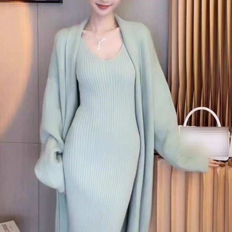 Elegant Longline Knit Cardigan & Slip Dress Two-Piece Set - Soft Loose Fit Autumn Outfit For Women (Multiple Colors, One Size)_voghion.com
