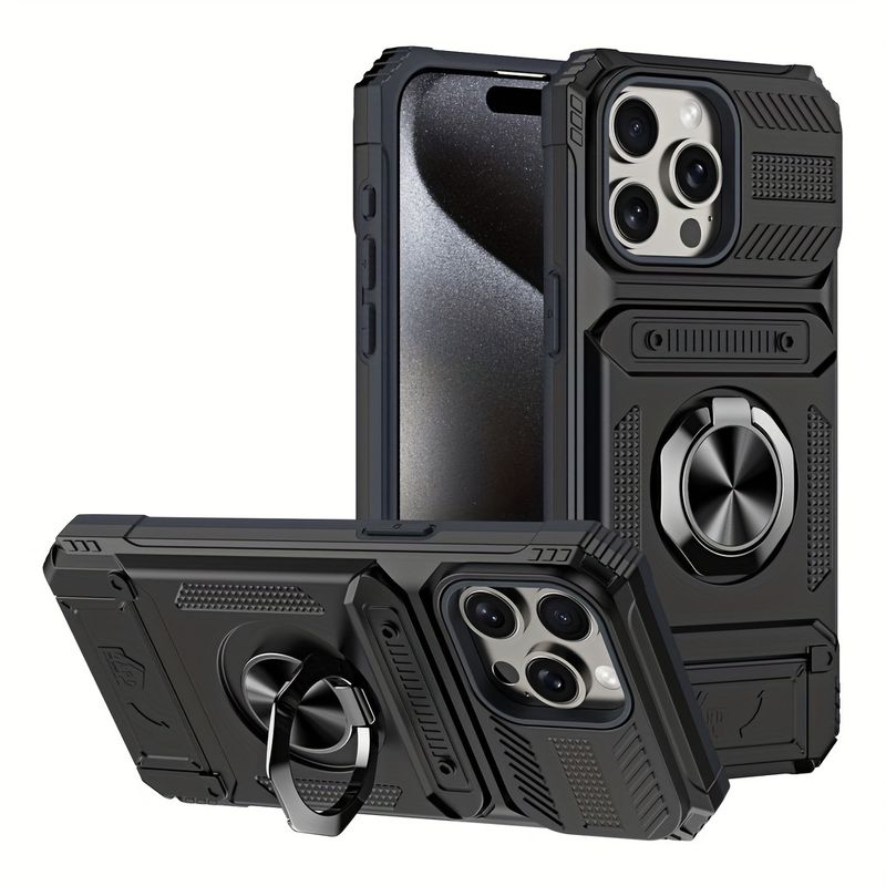 Shockproof heavy-duty hard phone case with metal stand and card slot for 16 Pro Max 15 Pro Max 14 Pro Max_voghion.com