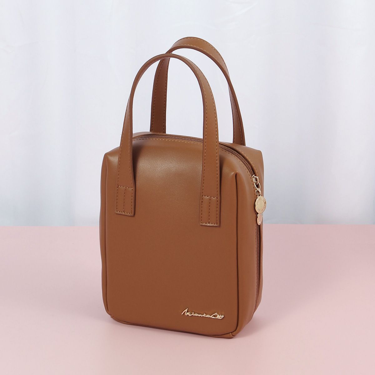 Kosmetiktasche für Mädchen, einfache und tragbare Handtasche aus PU-Leder in reiner Farbe, hochwertiger Kulturbeutel im Internet-Promi-Stil_voghion.com